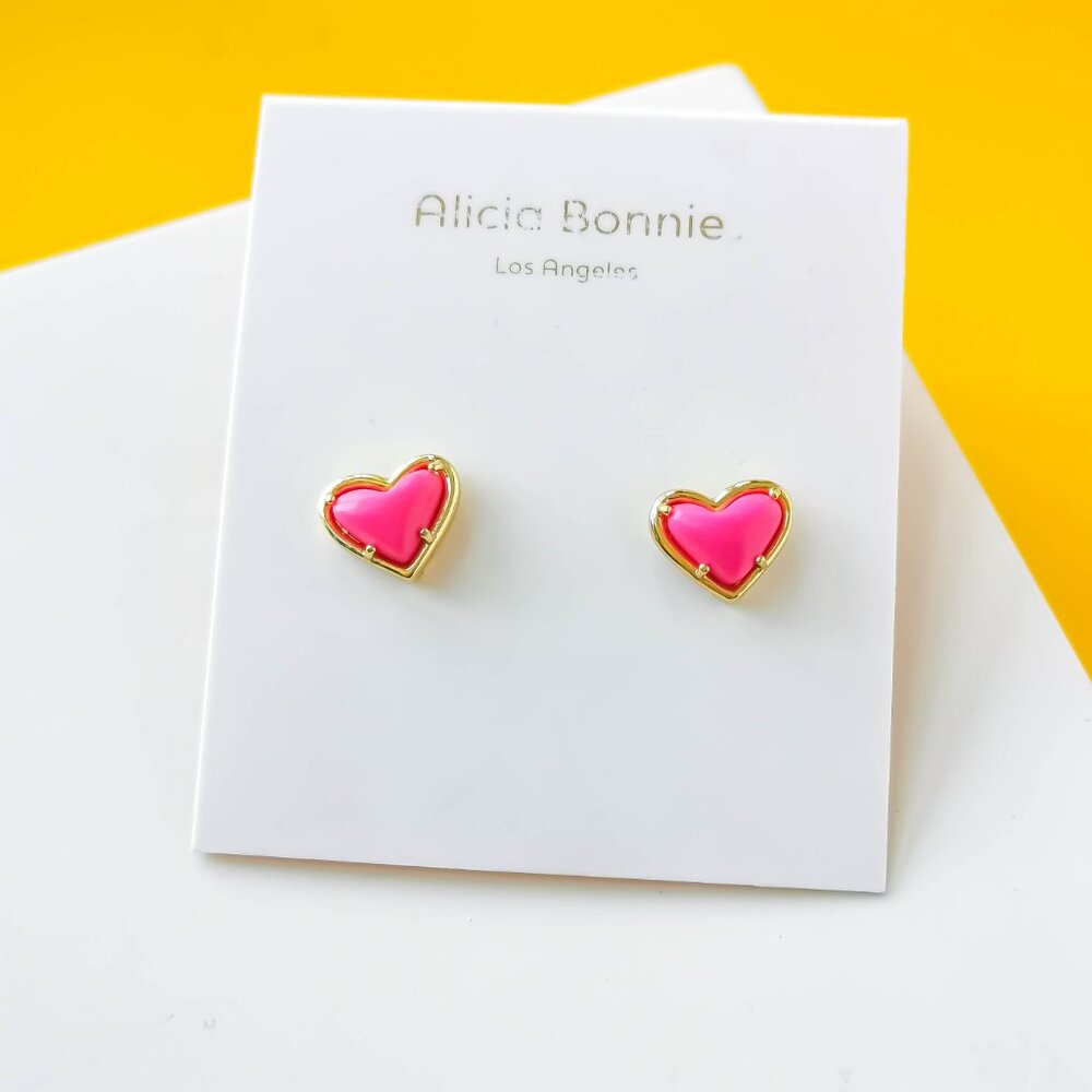 in Love Gold Magenta Pink Magnesite Heart Stud Earrings by Alicia Bonnie